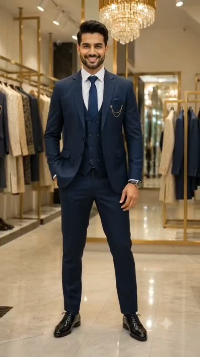 A man smiling while posing in a navy blue three-piece suit inside a boutique.
