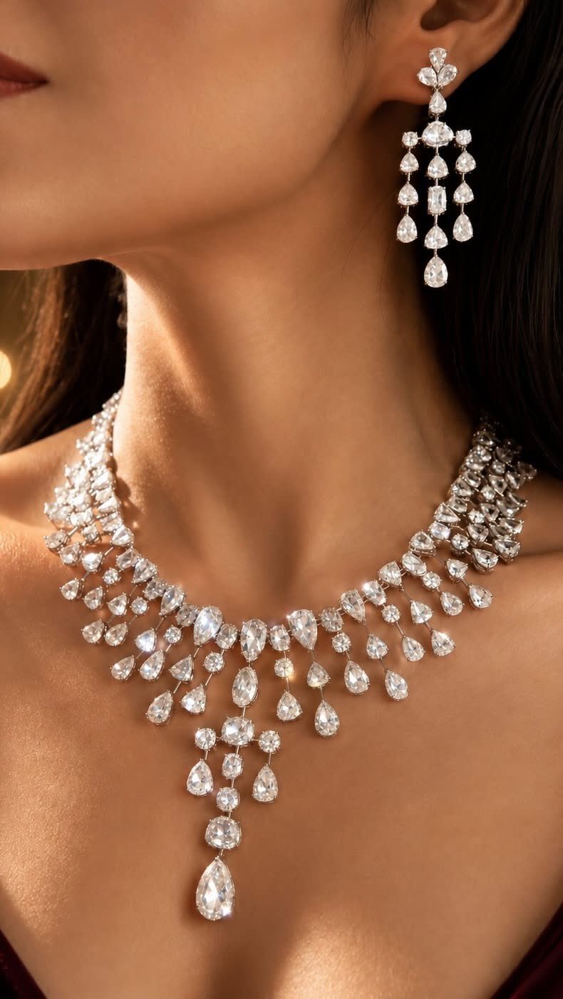 11 Bridal Diamond Necklace Ideas for Your Ceremony 3 A woman wearing a cascading diamond fringe necklace and matching teardrop earrings.