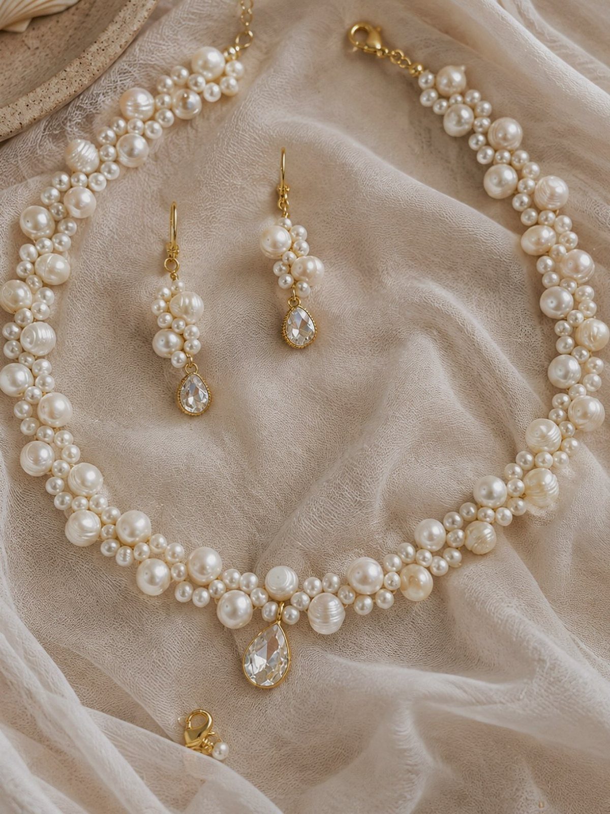Bridesmaid Jewelry Gold: 10 Ideas for Every Wedding Style 2 Pearl necklace and teardrop crystal earrings resting on a soft beige fabric background.
