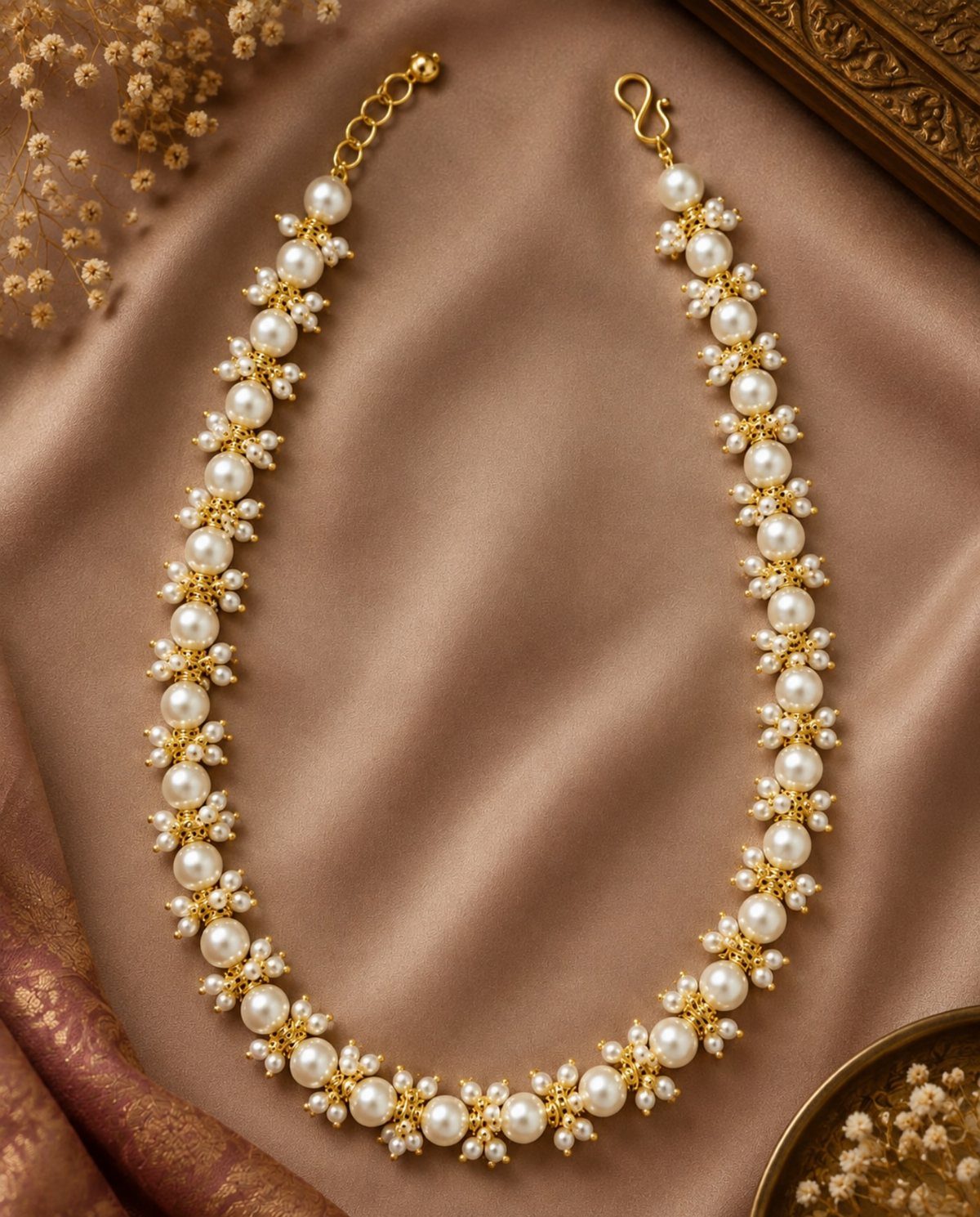 Bridesmaid Jewelry Gold: 10 Ideas for Every Wedding Style 9 Gold necklace with white pearls and intricate gold floral spacers on tan fabric.
