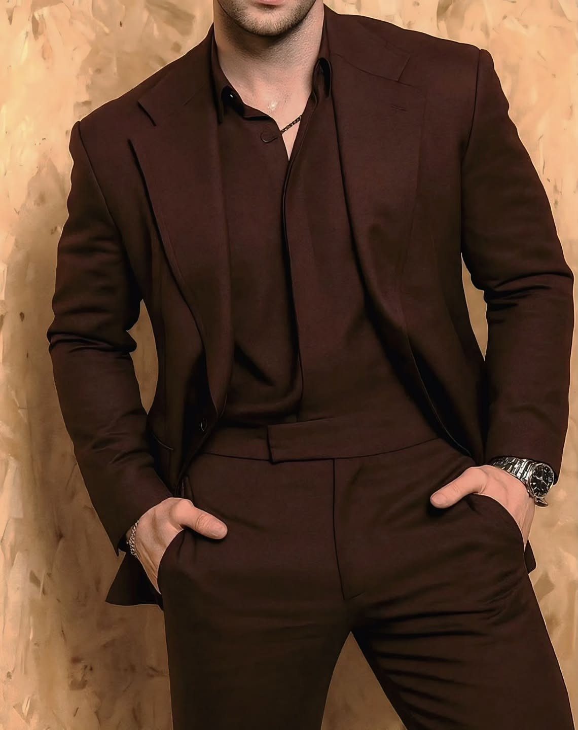 Man wearing a sophisticated dark brown tailored suit standing against a light wood background.