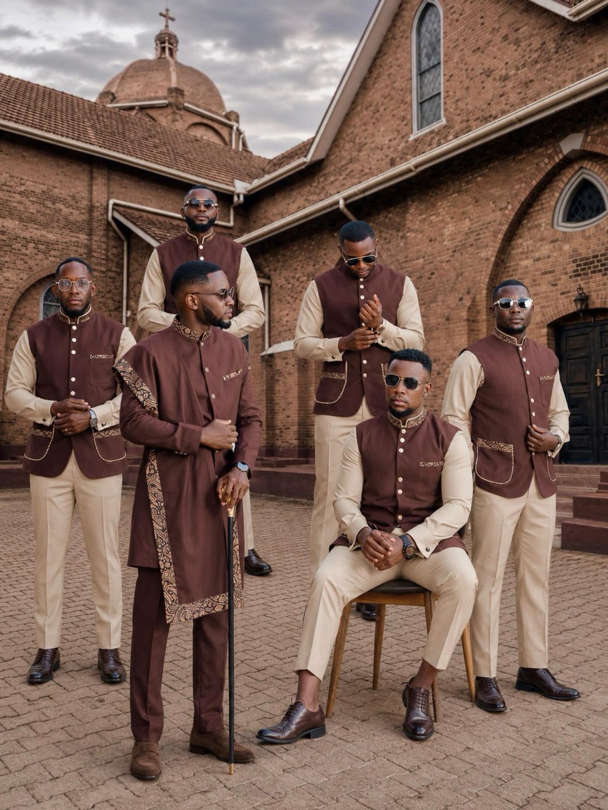 Six men posing in coordinated brown vests and tan trousers in front of a brick building.
