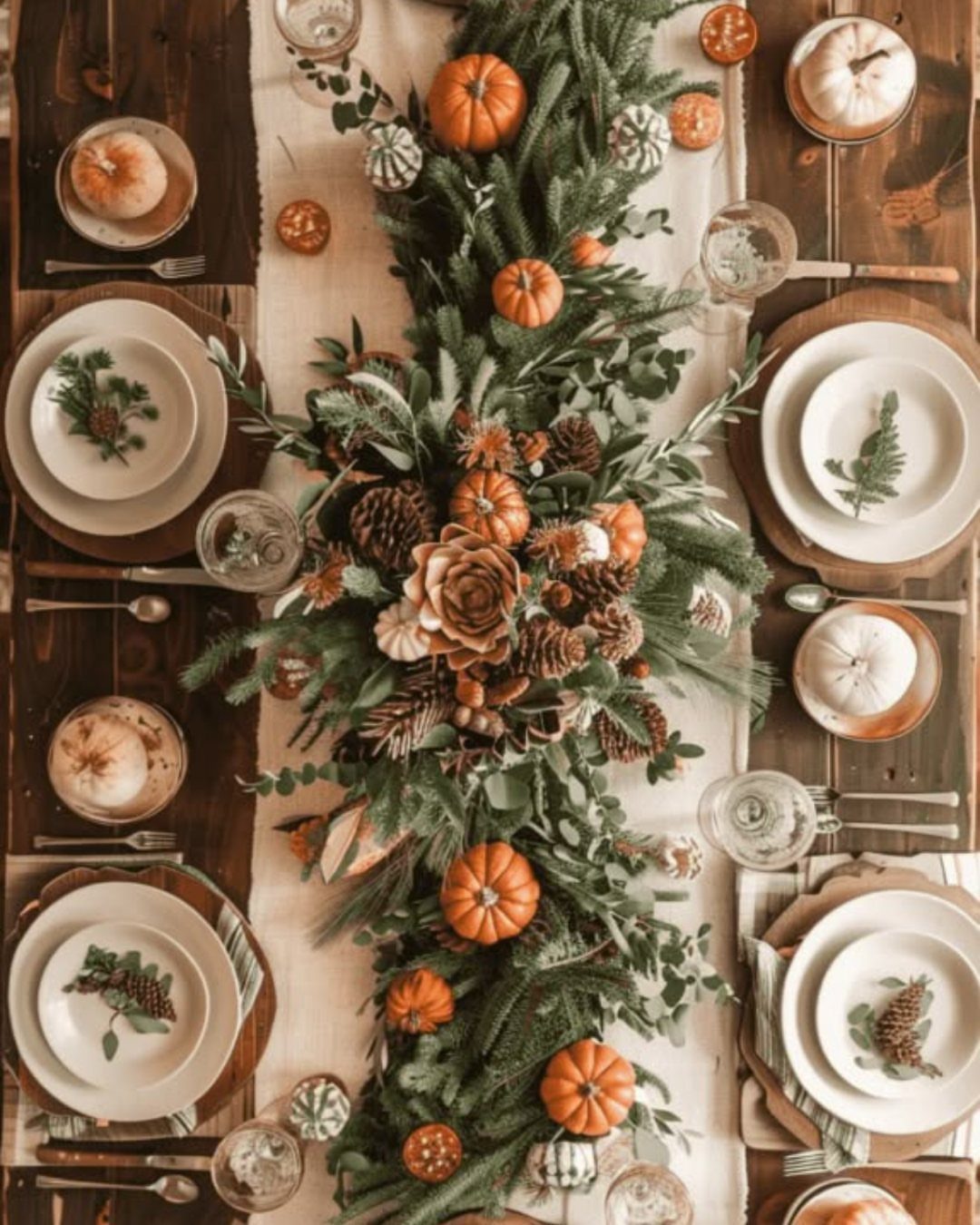 A wooden dining table decorated with eucalyptus garlands, small orange pumpkins, and pine cones.