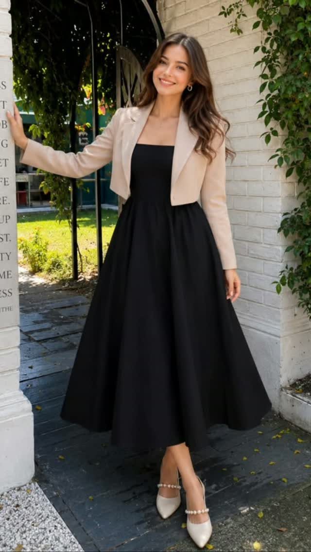 A woman wearing a black midi dress, beige cropped blazer, and cream heels standing outdoors.