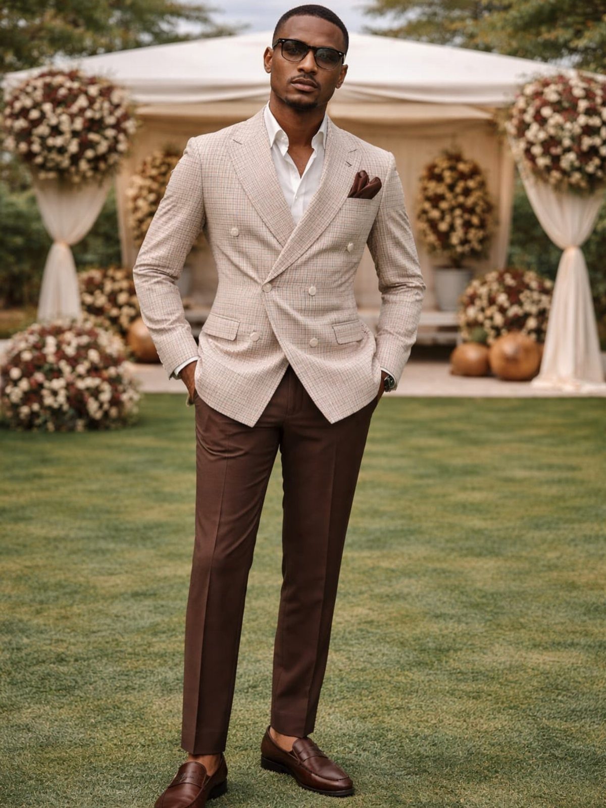 Man wearing a light beige blazer, white shirt, and brown trousers standing on a lawn.