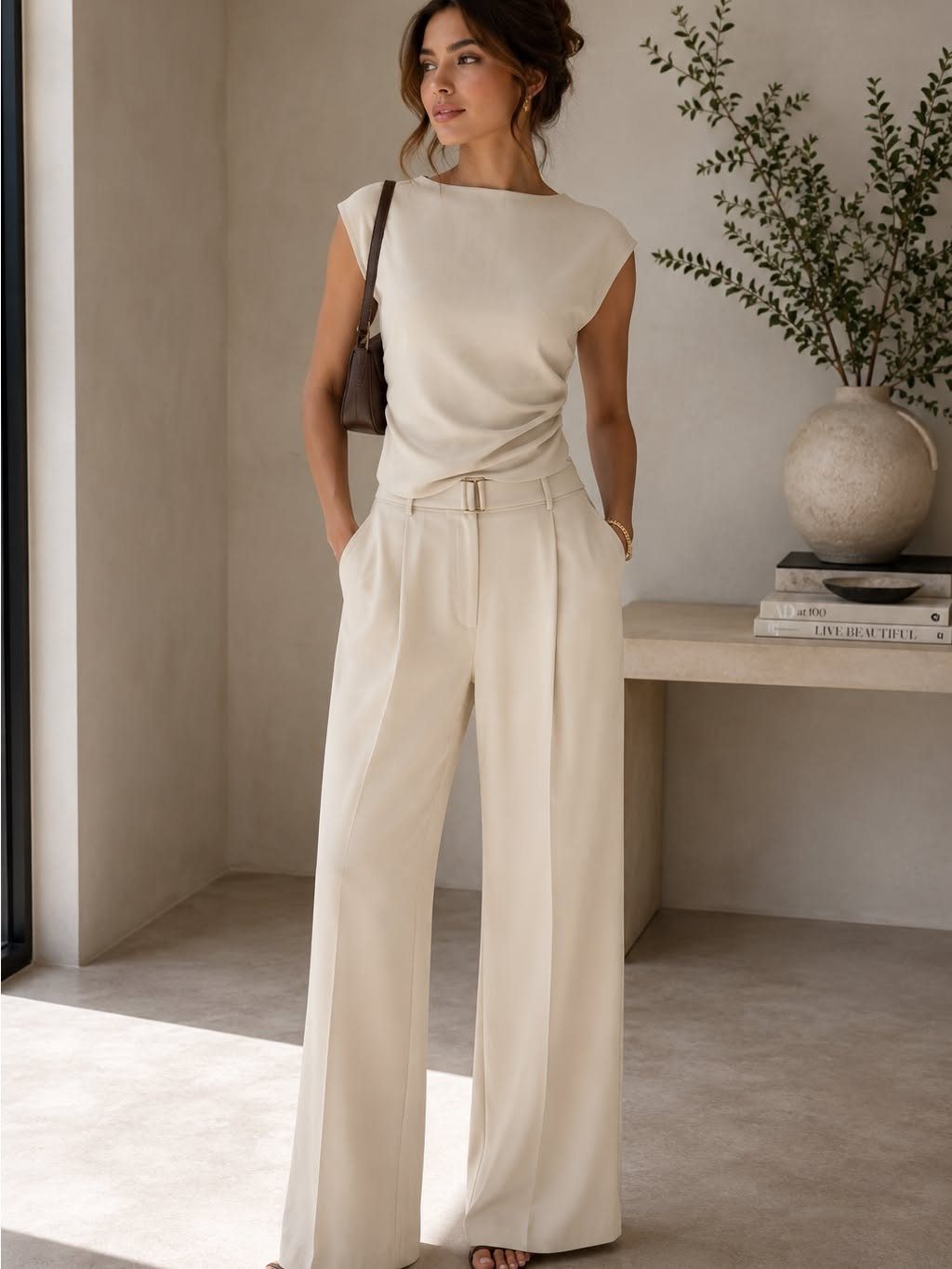 Woman wearing cream wide-leg trousers and a sleeveless delicate top in a minimalist room.