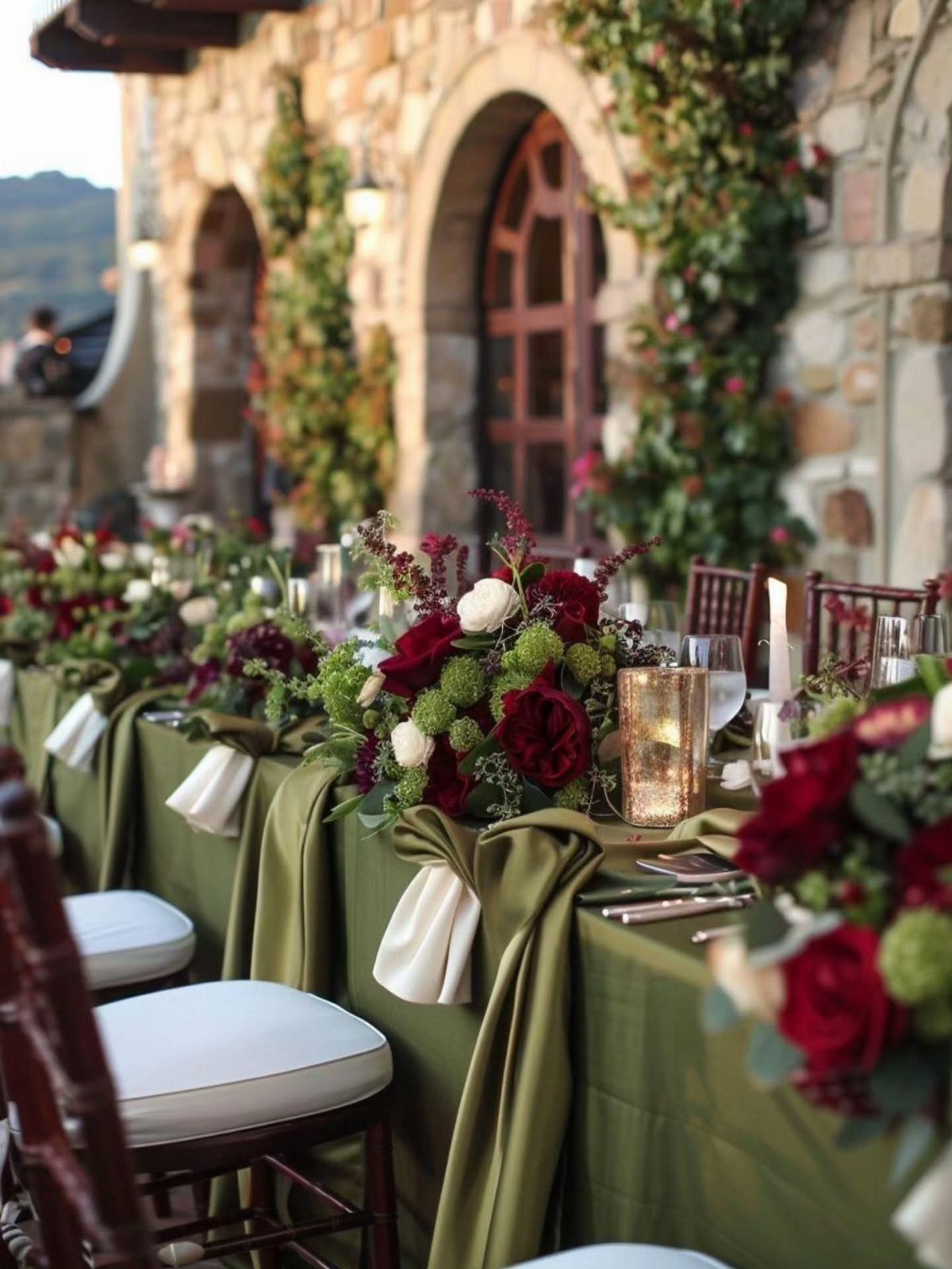 9 Earth Tone Wedding Colors That Feel Grounded, Not Dull 5 A long wedding table decorated with olive green linens and burgundy floral centerpieces outdoors.