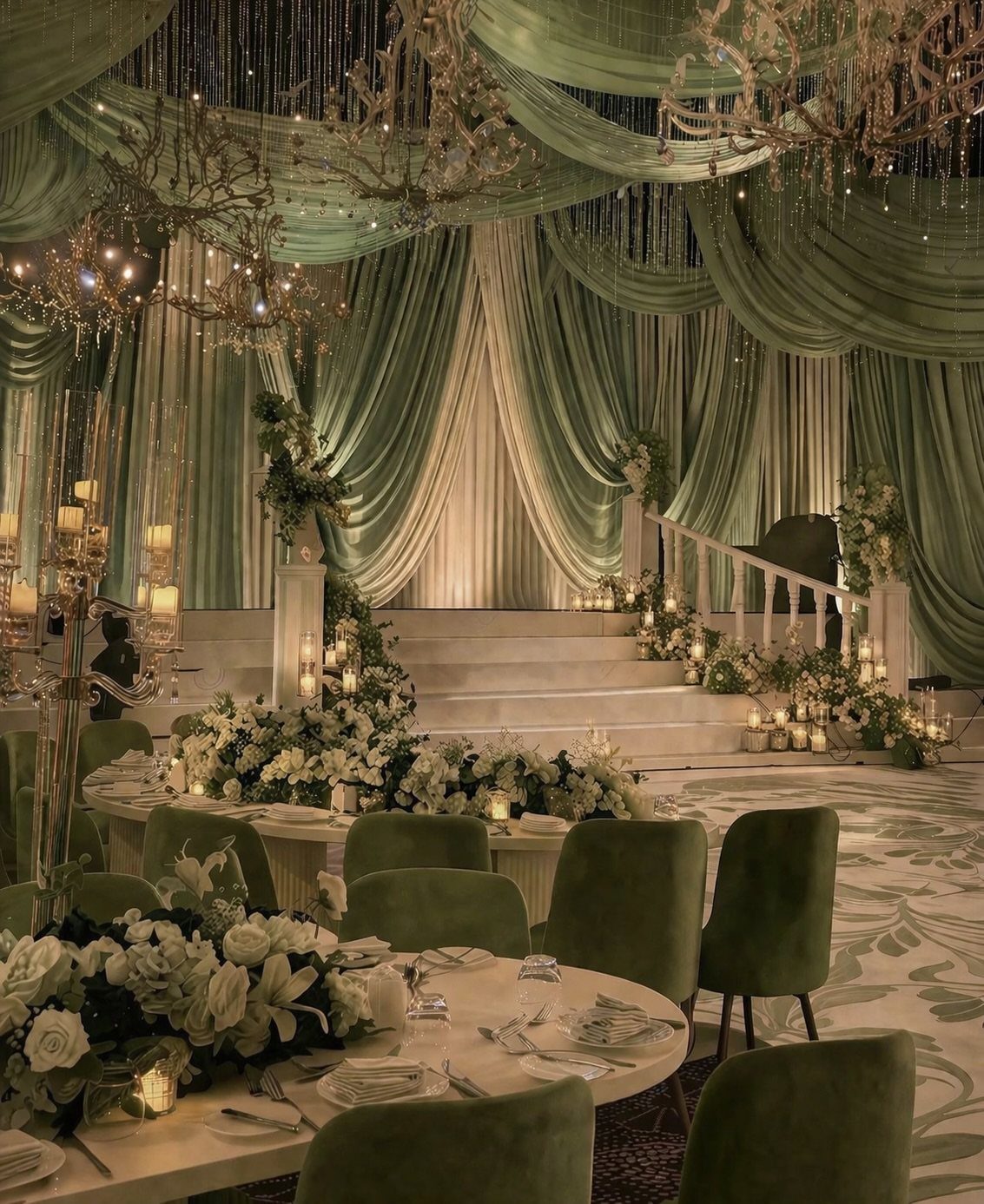 9 Earth Tone Wedding Colors That Feel Grounded, Not Dull 1 Sage green draped fabric and cream floral arrangements decorate an elegant wedding reception venue.