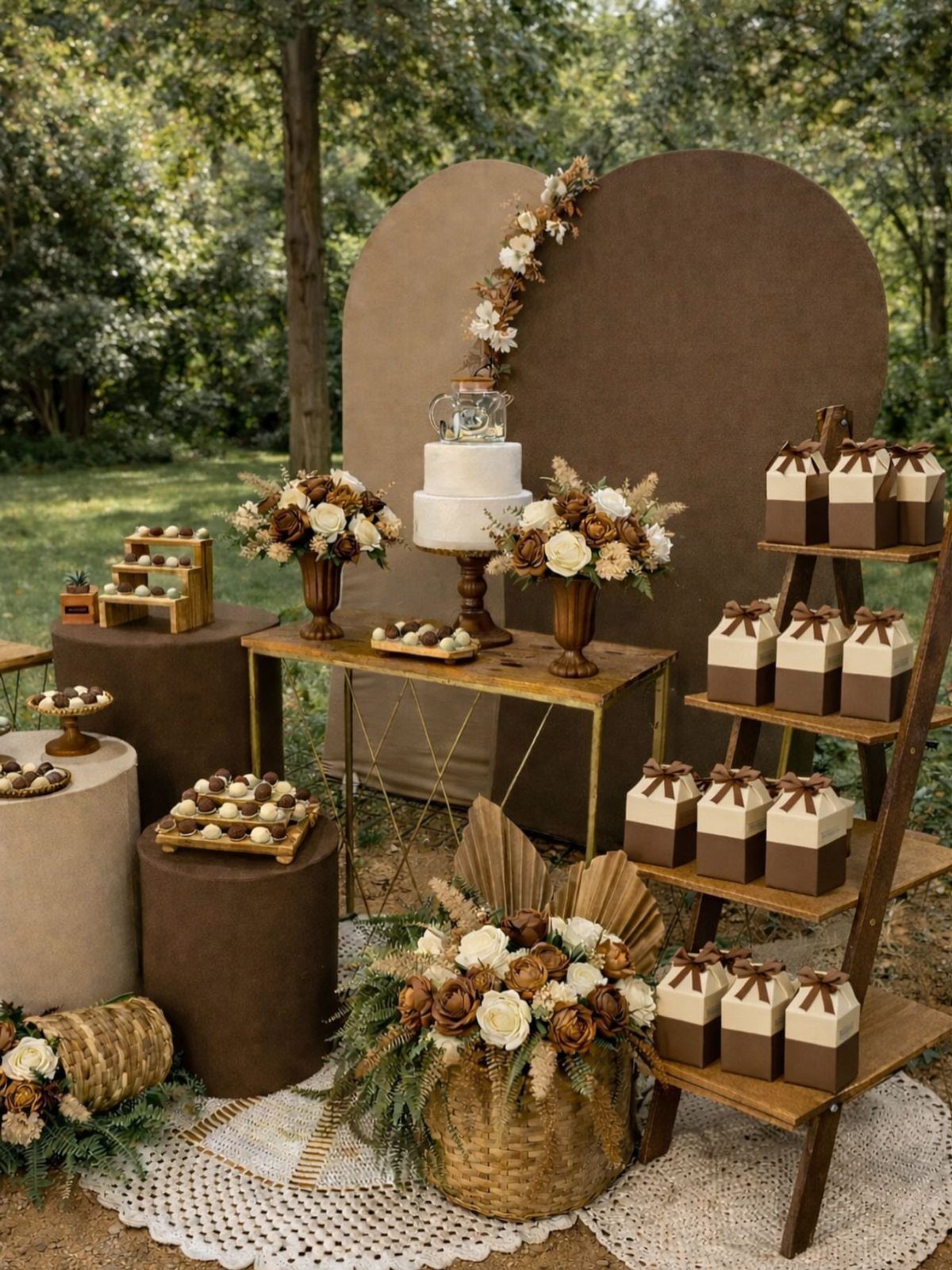 9 Earth Tone Wedding Colors That Feel Grounded, Not Dull 7 Wedding dessert table with cake, floral arrangements, and treats on wooden stands in an outdoor setting.