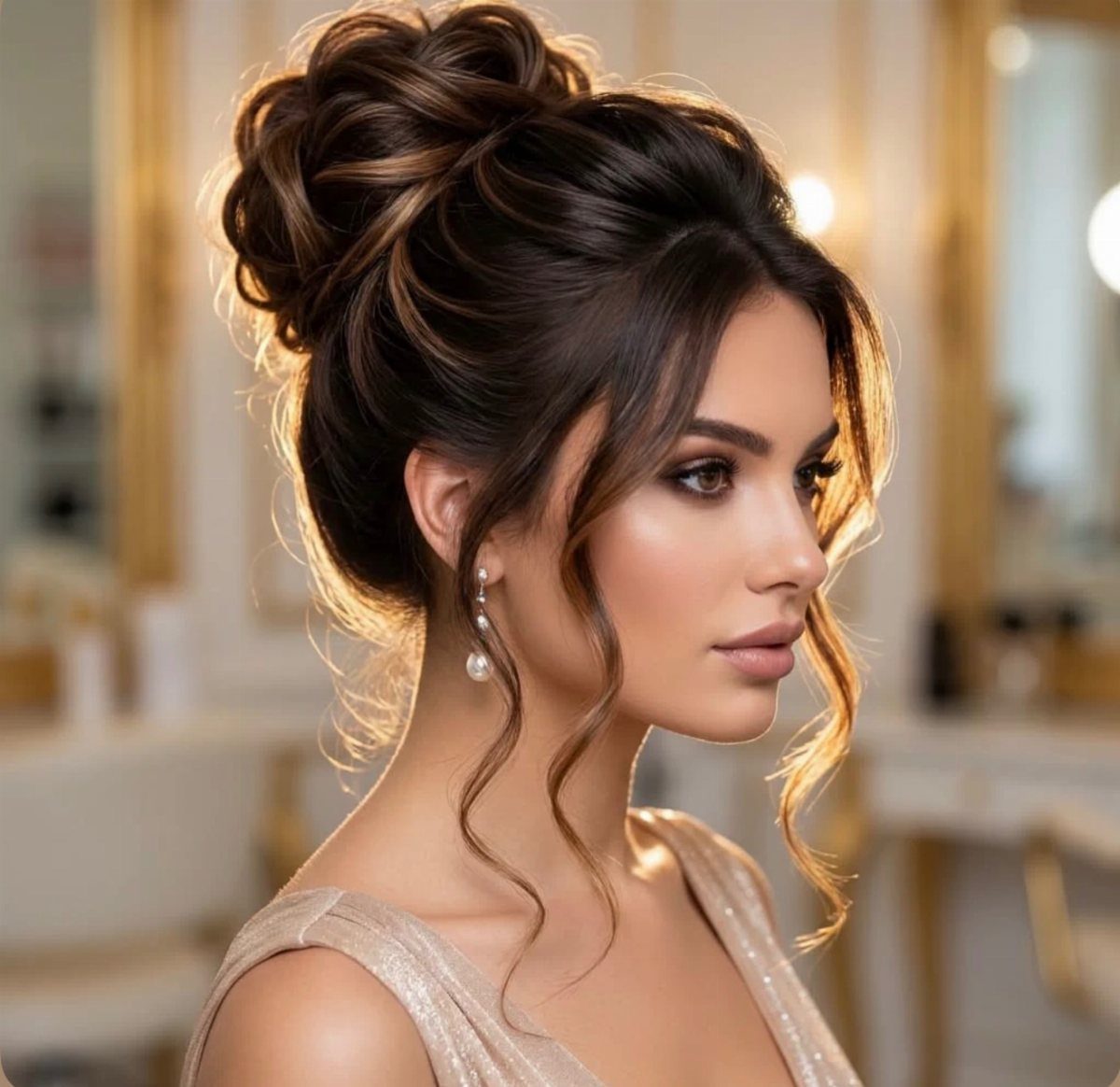 Woman with dark hair styled in a voluminous textured high updo and face-framing curls.