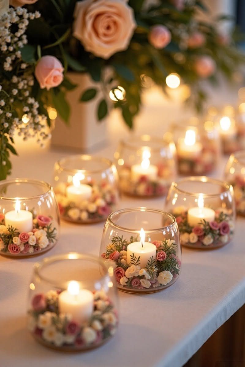 Glass globe votives filled with small flowers and lit tea light candles on a white table.