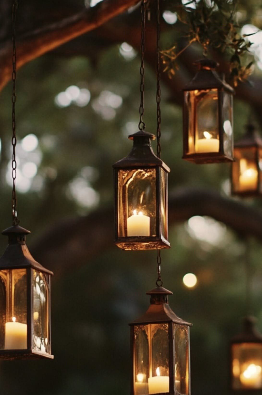 Dark metal lanterns with glowing candles hang from tree branches in a nighttime outdoor setting.