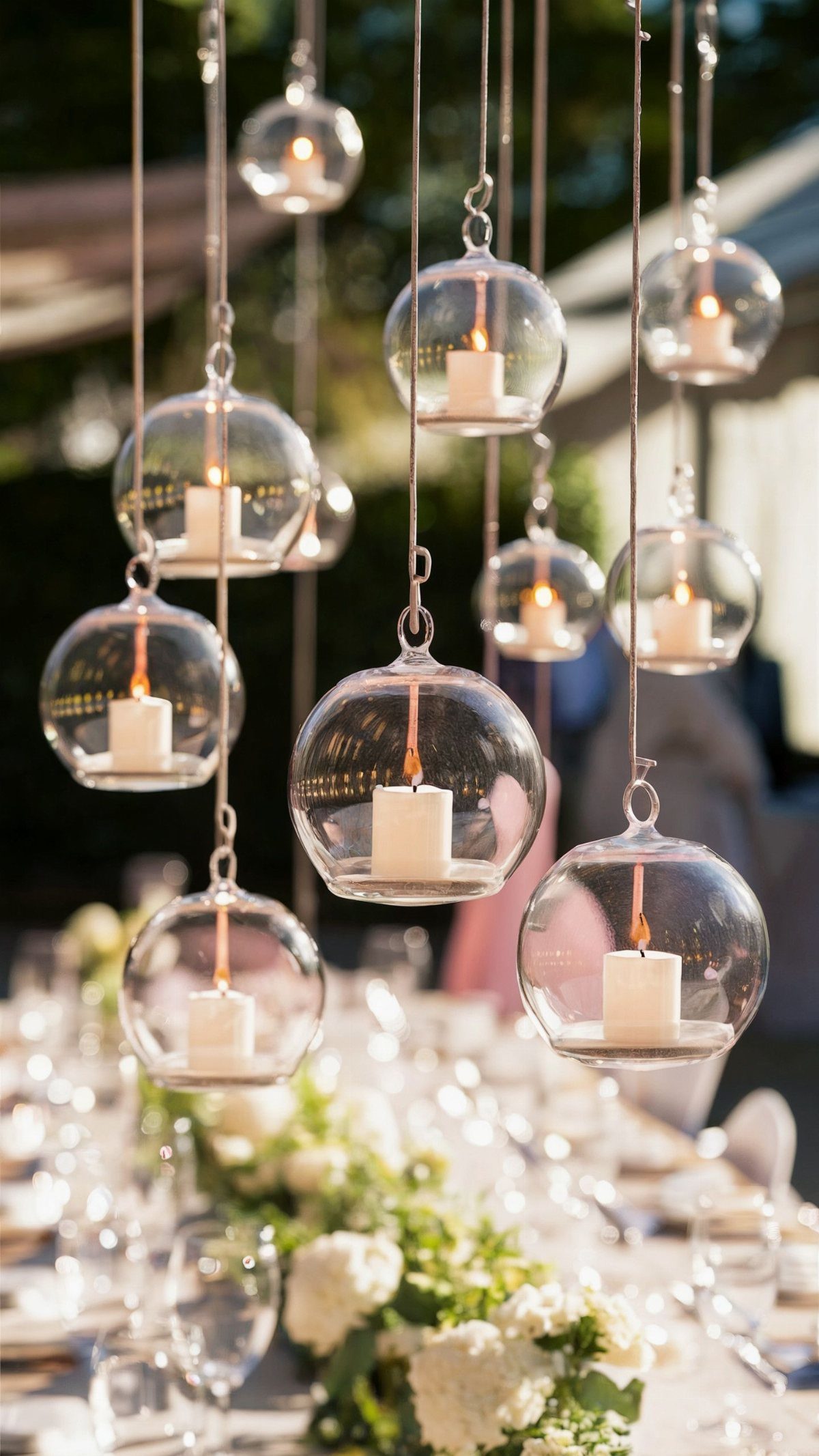 Glass tea light globes hanging from strings over a decorated wedding reception table.