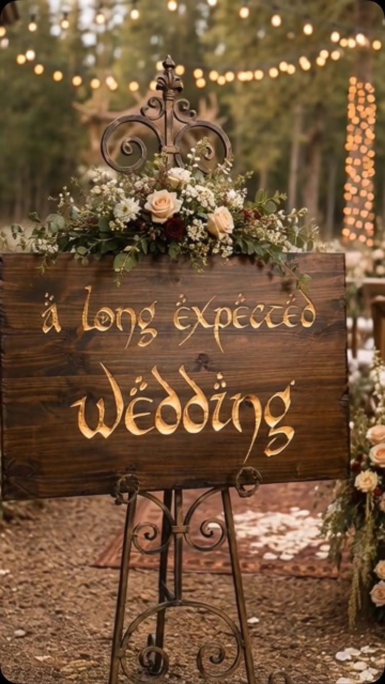Wooden medieval style wedding sign with gold lettering and floral decorations in a forest.