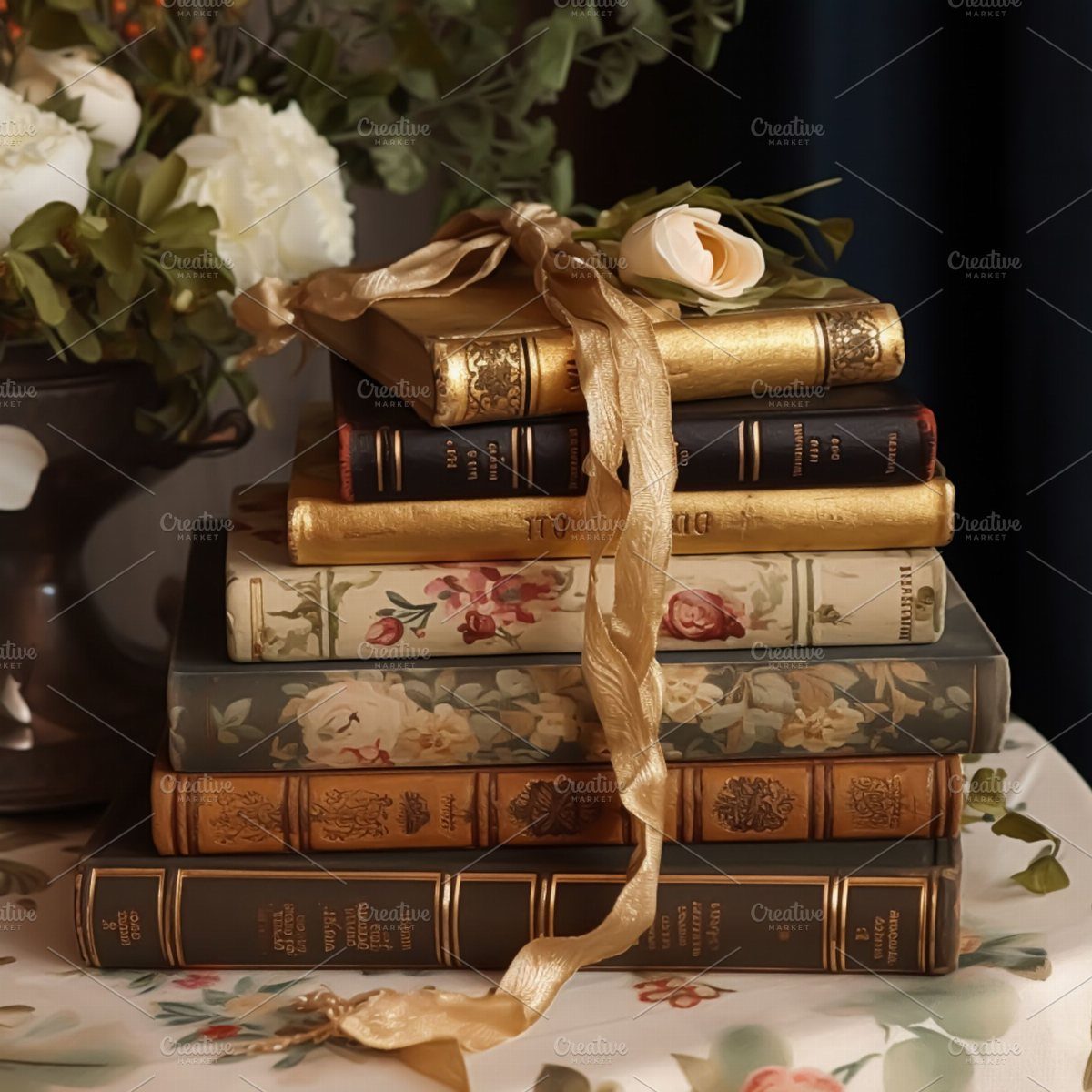 Stacked antique books decorated with a cream ribbon and a white rose on a floral tablecloth.