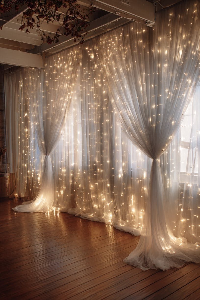 White sheer fabric curtains draped with glowing warm fairy lights against a dark wooden floor.