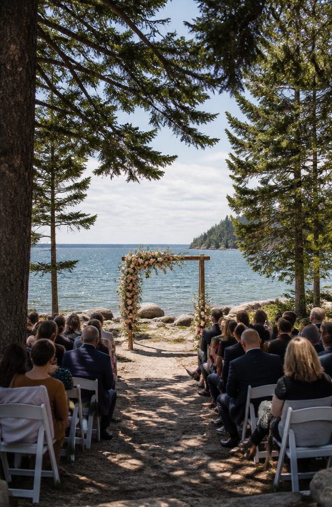 Forest Wedding Ceremony Venues and Sites in Minnesota 7 Forest wedding ceremony at Bluefin Bay with Lake Superior backdrop.