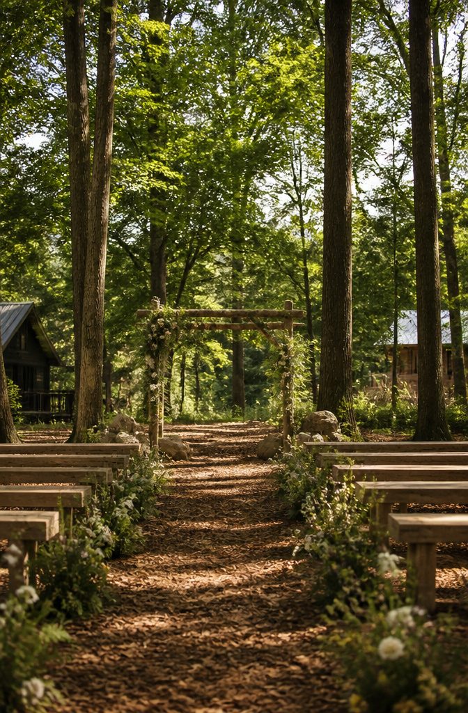 Forest Wedding Ceremony Venues and Sites in Minnesota 2 Ceremony site at Juliane James Place with a wooden altar and trees.