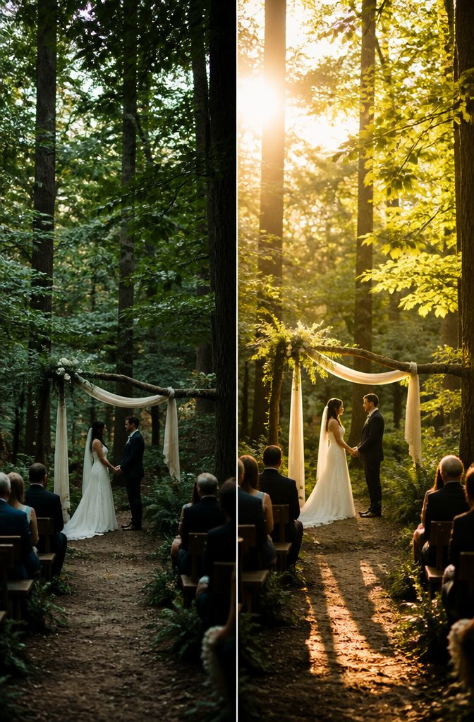 Forest Wedding Ceremony Venues and Sites in Minnesota 20 Golden hour light filtering through trees at a forest wedding.