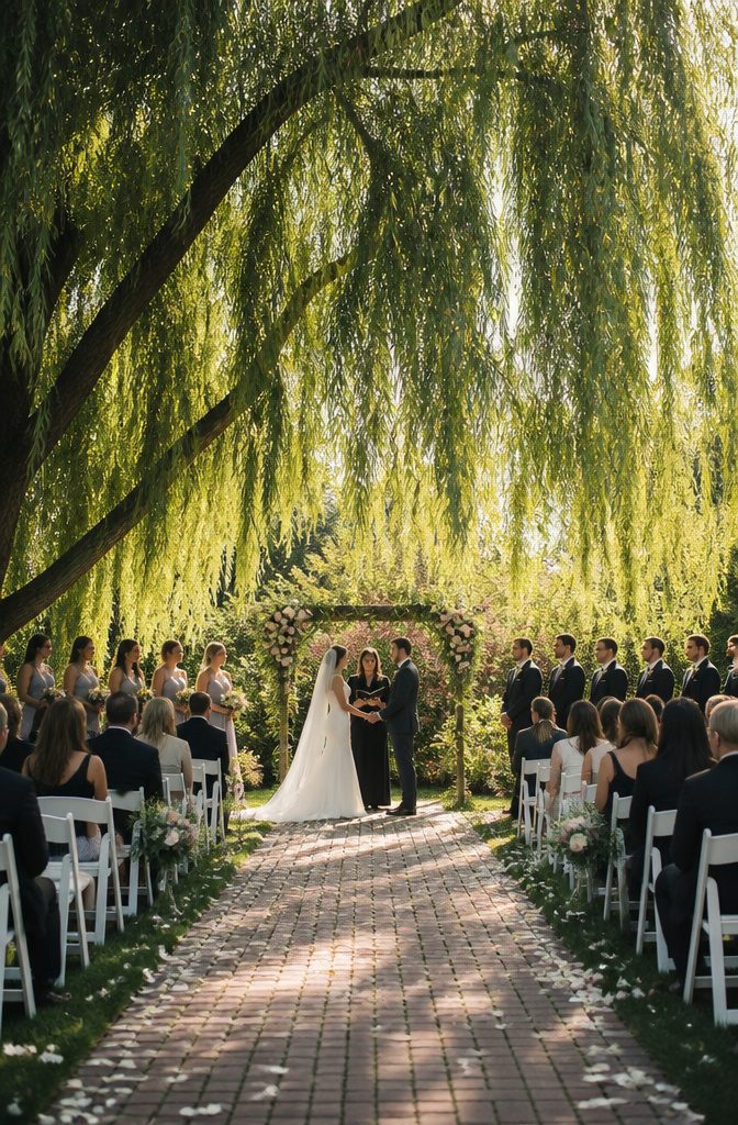 Forest Wedding Ceremony Venues and Sites in Minnesota 14 Wedding ceremony under a willow tree at the University of Minnesota Arboretum.