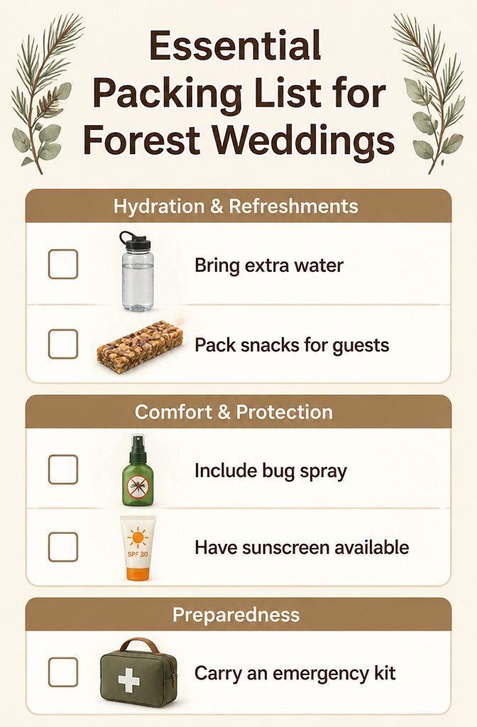 Forest Wedding Ceremony Venues and Sites in Minnesota 18 Packing list for essentials needed at forest weddings.