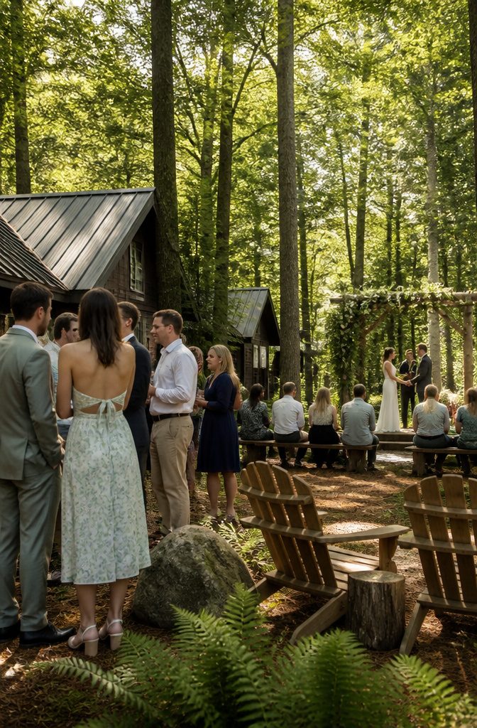 Forest Wedding Ceremony Venues and Sites in Minnesota 19 Guests enjoying cabins at The Shire in the Woods during a wedding.