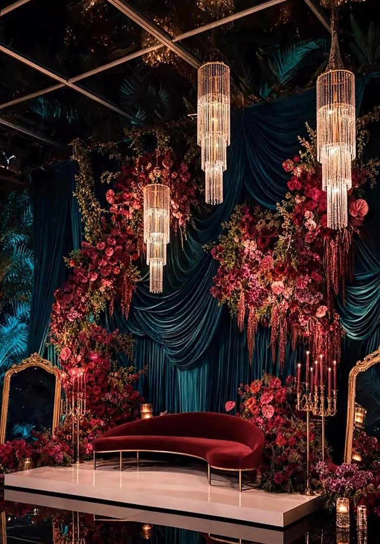 Crystal chandeliers glow above a red velvet sofa and teal drapes decorated with pink floral arrangements.