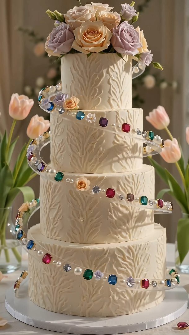 Four-tier white textured wedding cake decorated with colorful jewel-toned gemstones and topped with roses.