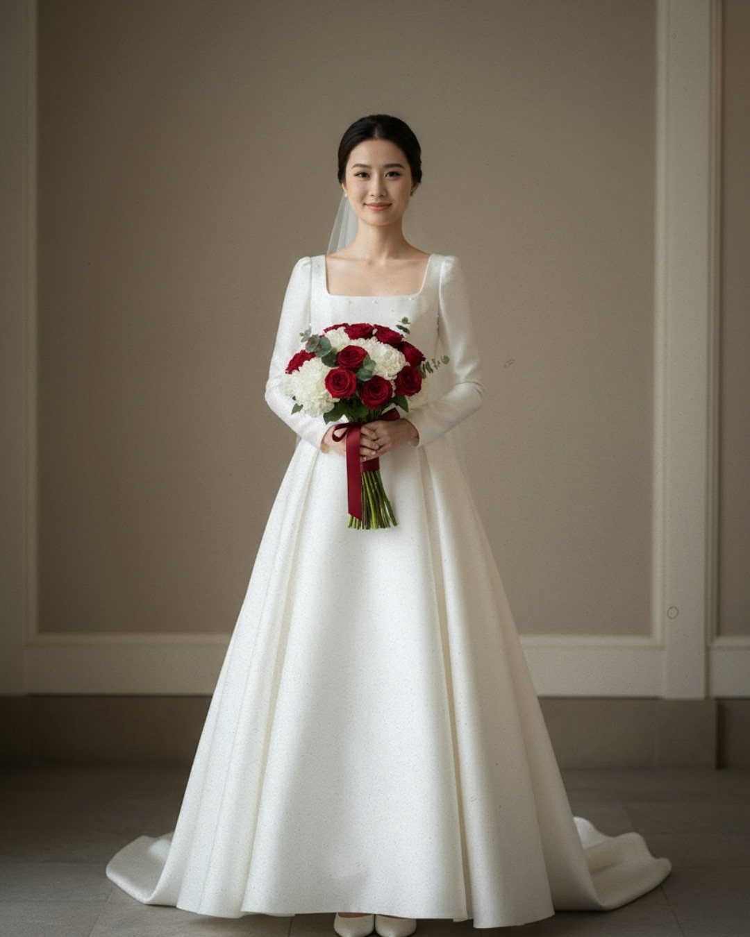 A woman in a white long-sleeved wedding dress holding a red and white rose bouquet.