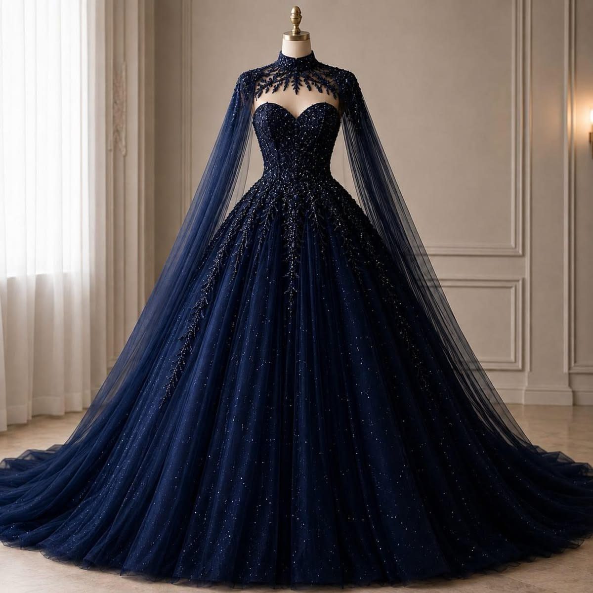 Navy blue sparkling ball gown with a sheer cape displayed on a mannequin.