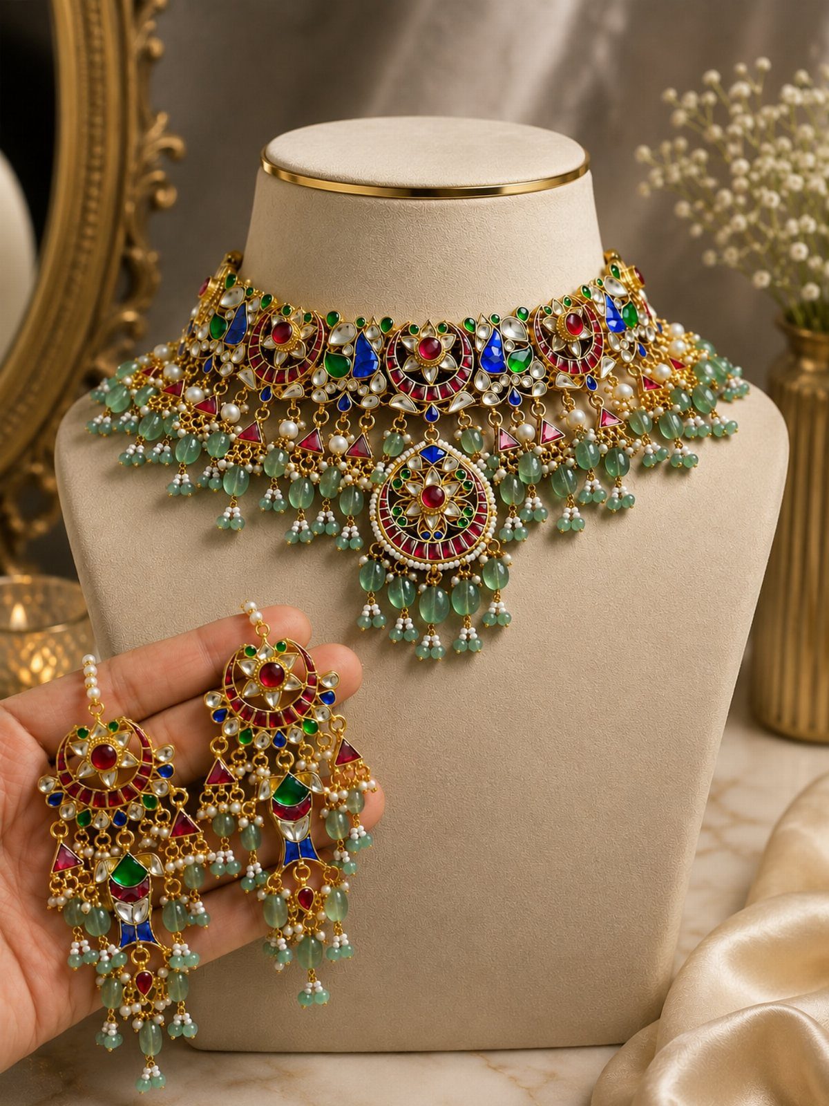 Gold kundan necklace with colorful stones and green onyx beads on a jewelry bust.