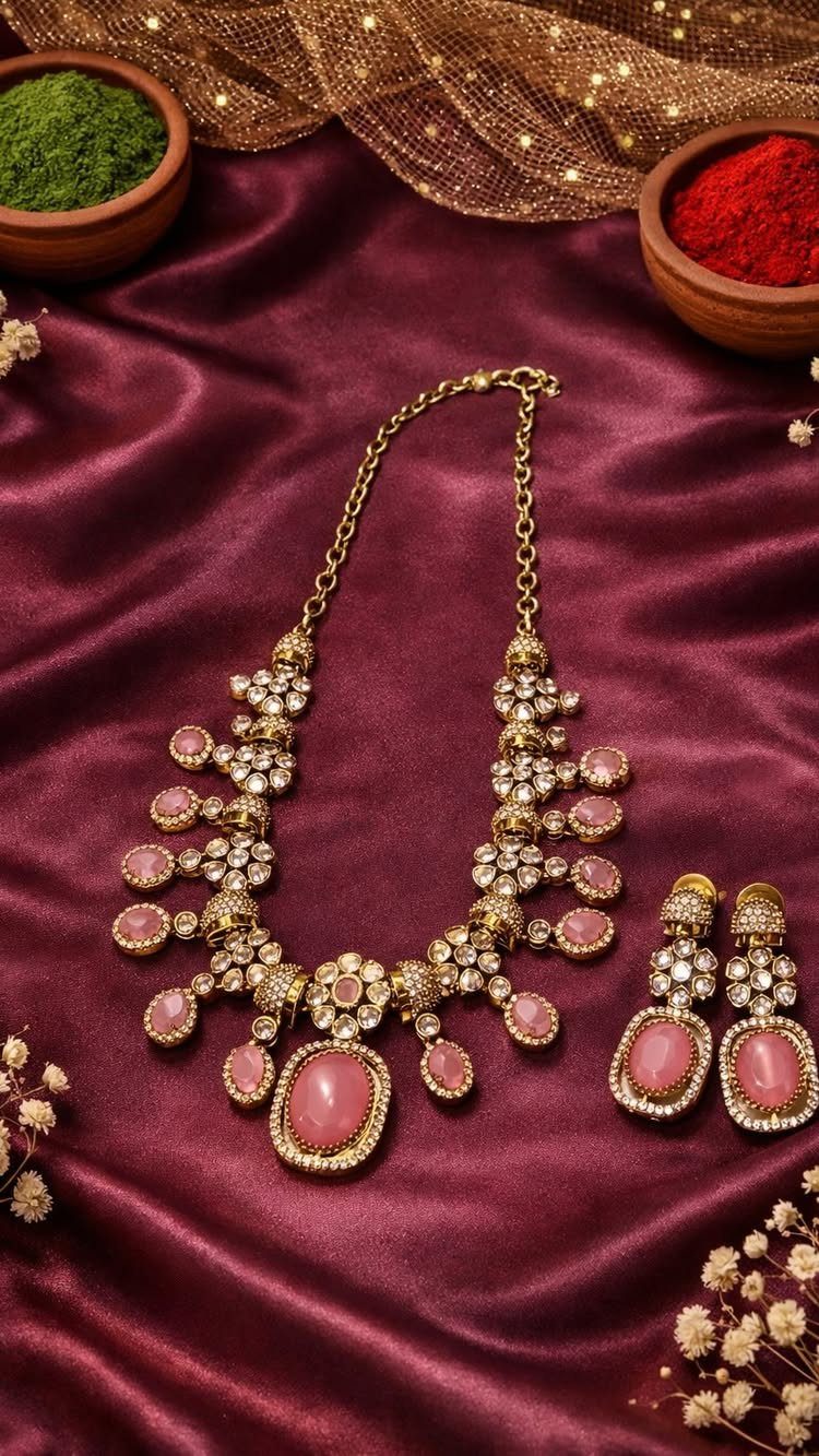 Gold necklace and earring set with pink stones resting on maroon satin fabric.