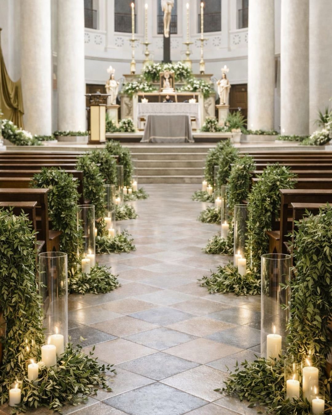 Church aisle decorated with green leafy branches and white candles in glass cylinders.