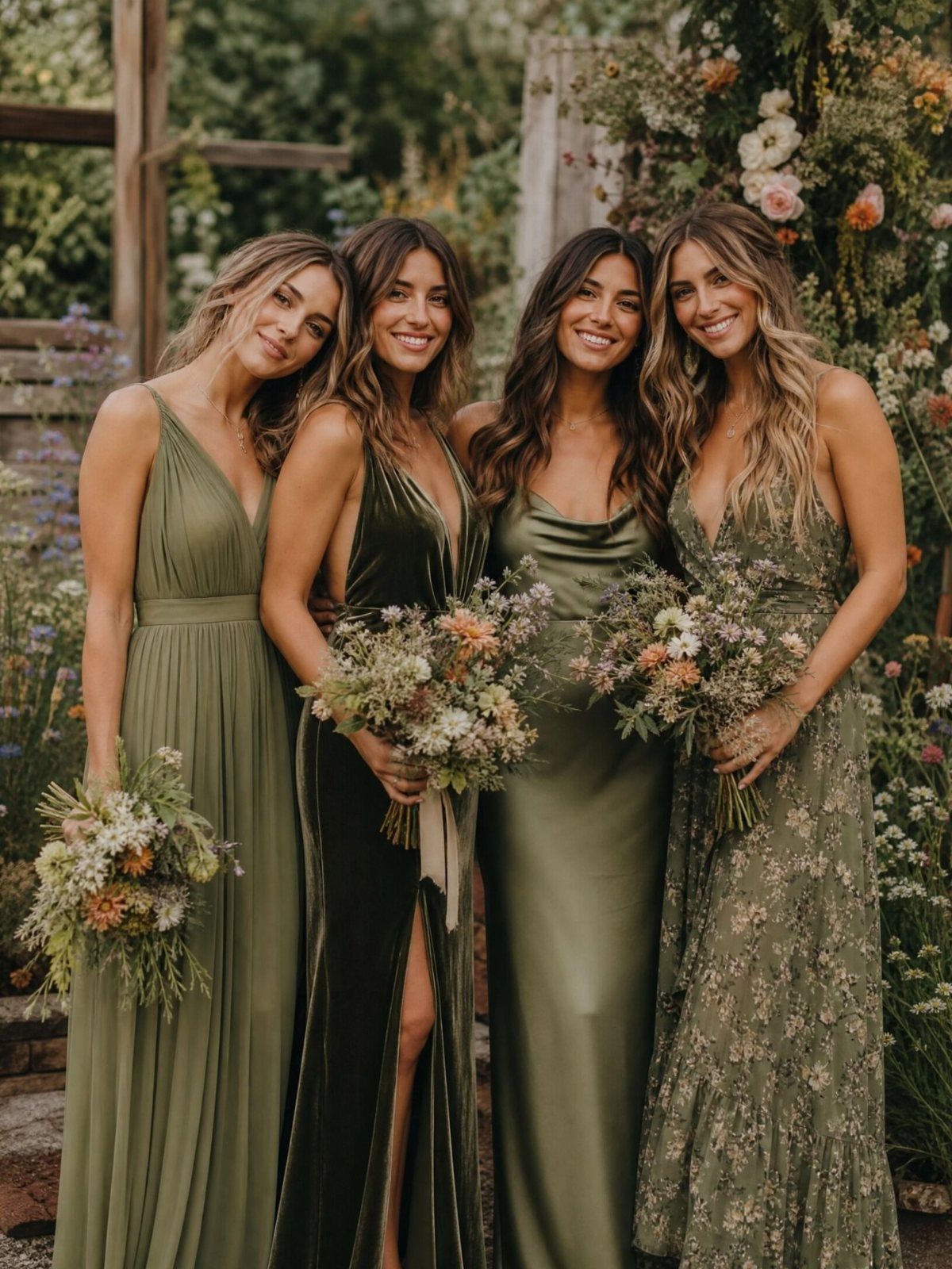 Four women in olive green bridesmaid dresses holding floral bouquets in an outdoor garden setting.