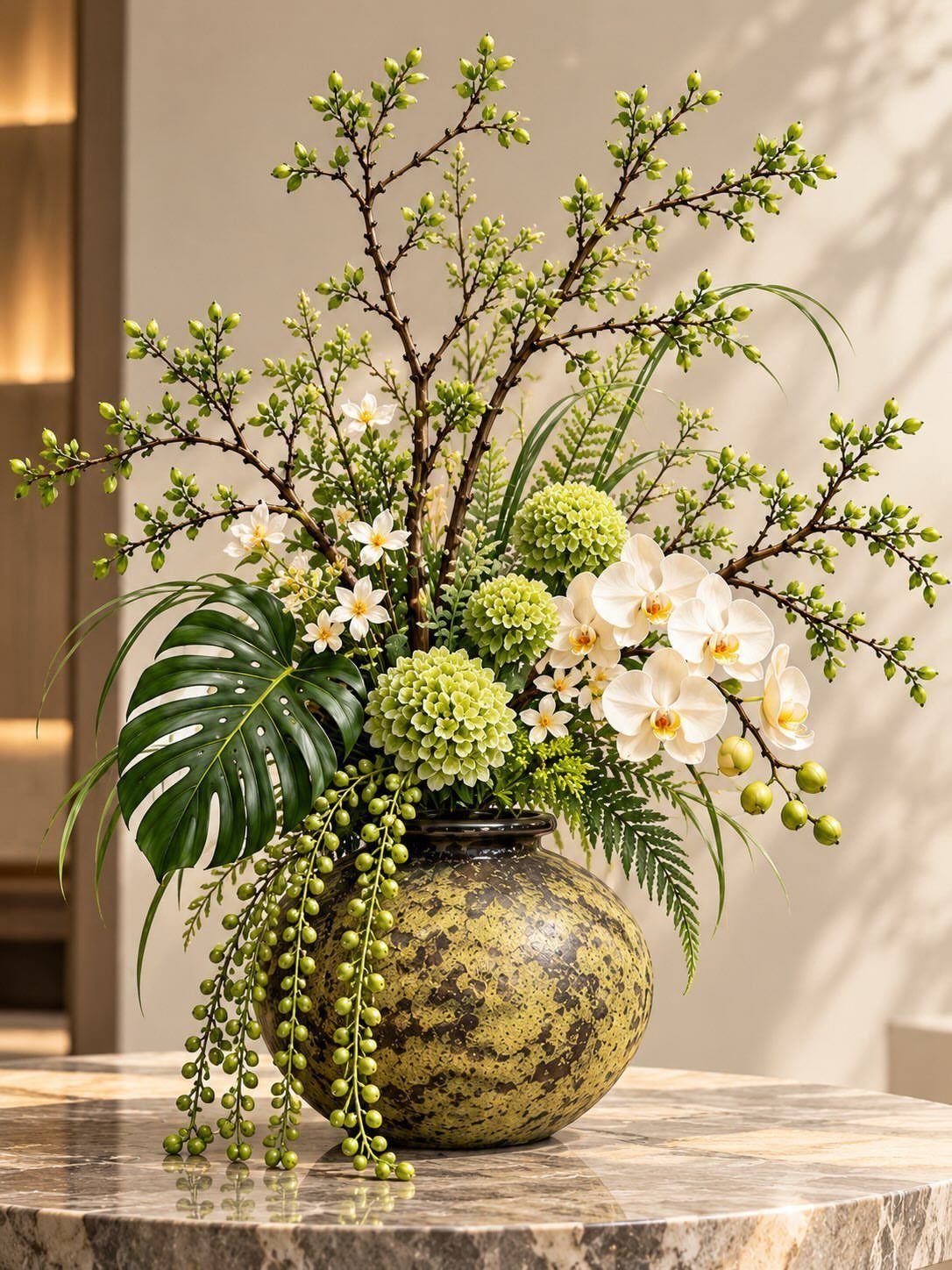 Floral arrangement with white orchids and green hydrangeas in an olive green vase.