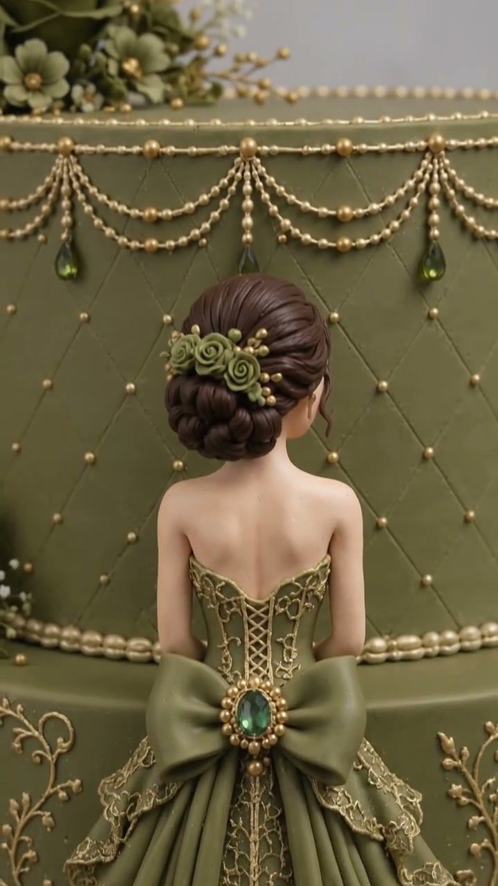 An olive green tiered wedding cake featuring gold bead decorations and a bride figurine.