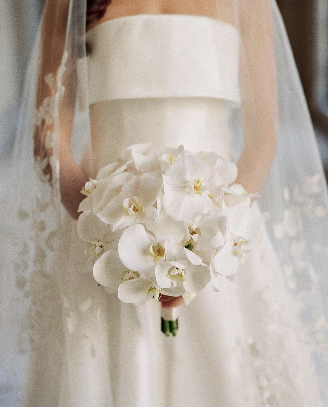 7 Orchids Bouquet Wedding Ideas for Every Style of Ceremony 2 A bride holding a dense, rounded bouquet of white Phalaenopsis orchids against her white wedding dress.