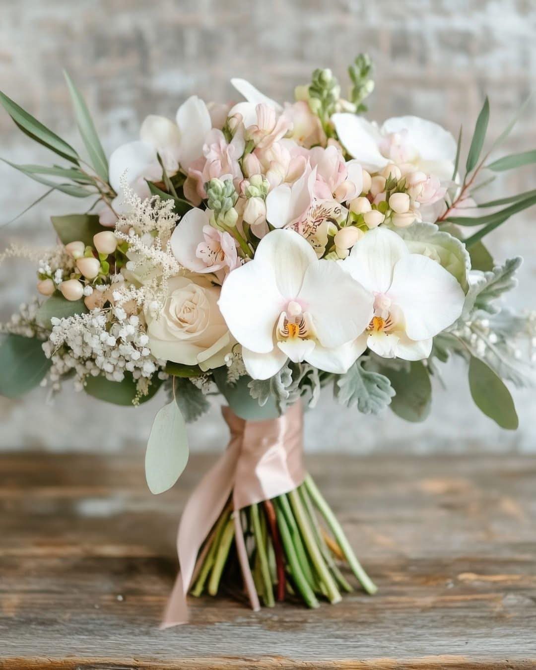 7 Orchids Bouquet Wedding Ideas for Every Style of Ceremony 3 A wedding bouquet with white orchids, cream roses, and greenery tied with a pink ribbon.