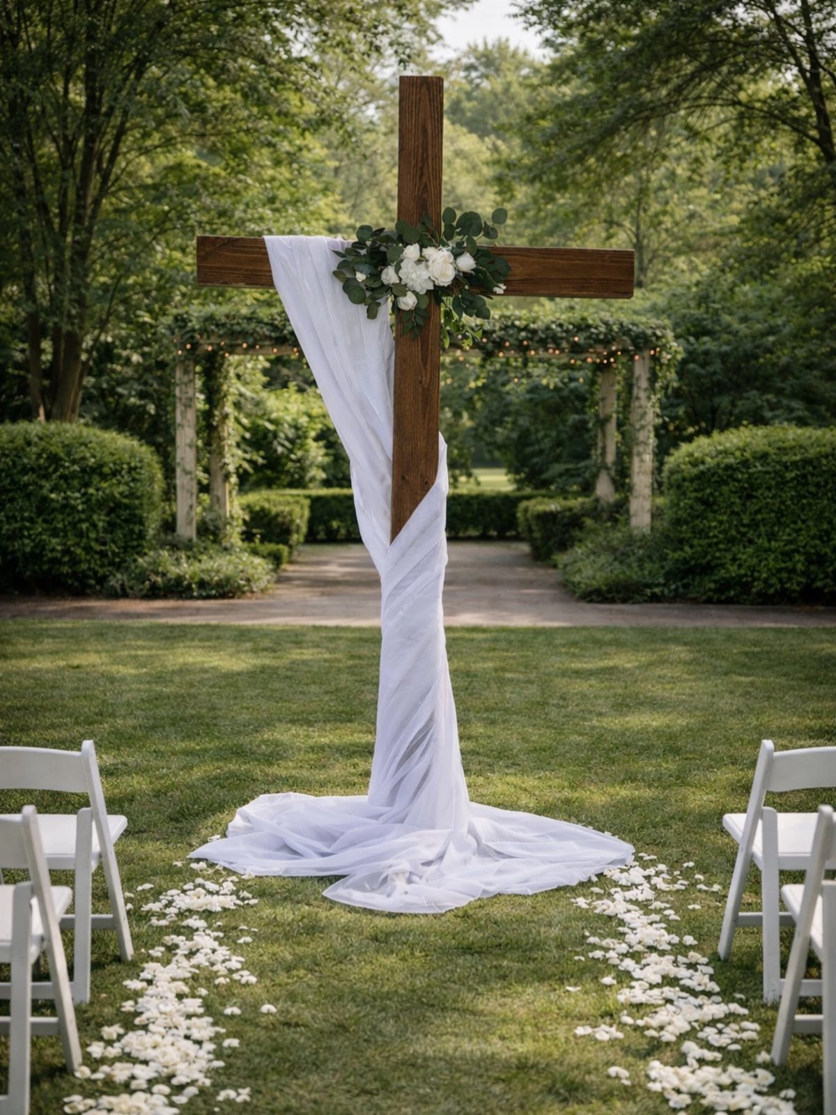 Outdoor Wedding Altar: 5 Ideas That Cost Less Than They Look 3 A large wooden cross decorated with white flowers and draped in white fabric on a green lawn.