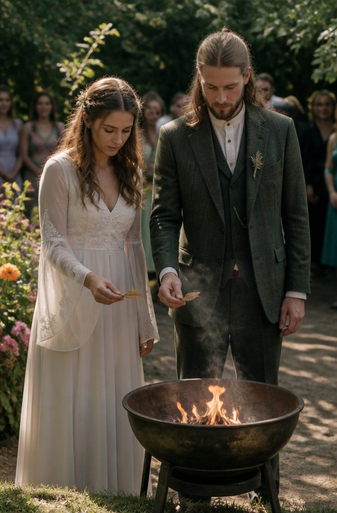 Pagan Wedding Traditions: Handfasting, Offerings and Ceremony Rituals 8 A couple stands before a fire bowl, each holding a dried bay leaf.