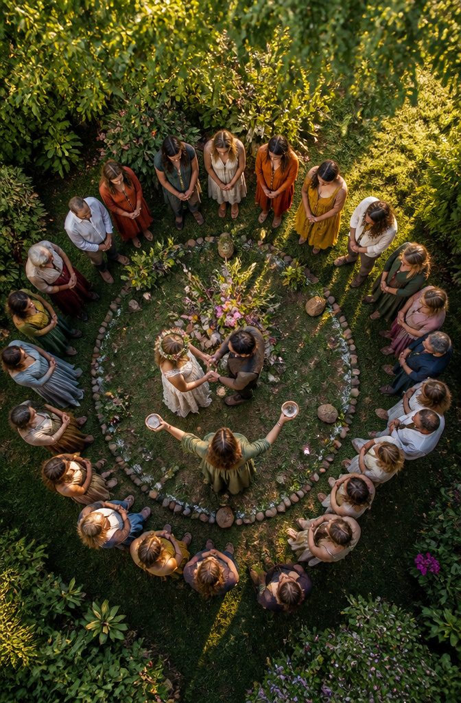 Pagan Wedding Traditions: Handfasting, Offerings and Ceremony Rituals 3 Guests gather in a circle around the couple and officiant during the ceremony.
