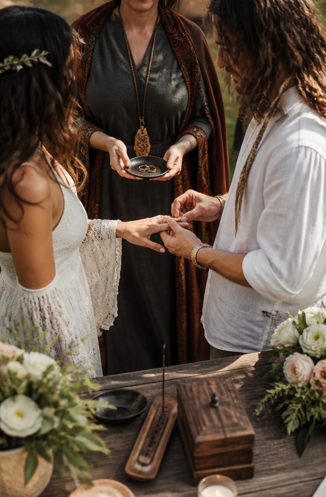Pagan Wedding Traditions: Handfasting, Offerings and Ceremony Rituals 5 A couple stands together, holding rings as they prepare for the exchange.
