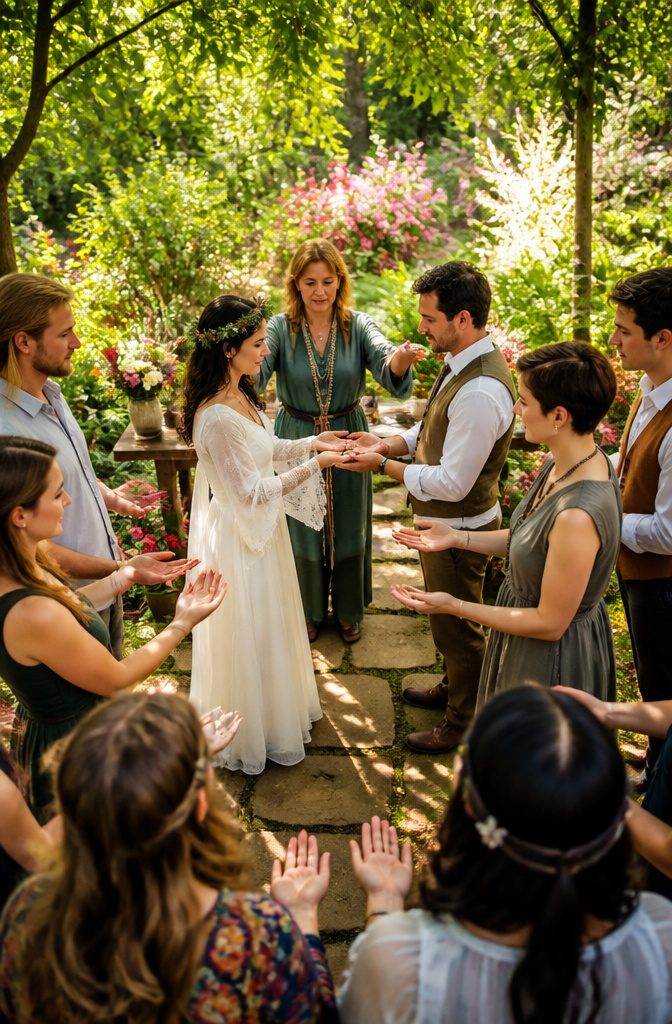 Pagan Wedding Traditions: Handfasting, Offerings and Ceremony Rituals 16 Guests stand in a circle, passing rings during the wedding ceremony.