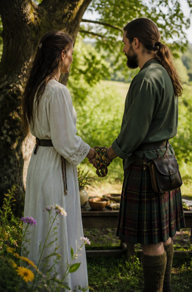 Pagan Wedding Traditions: Handfasting, Offerings and Ceremony Rituals 1 A couple stands outdoors with hands intertwined, wrapped in a colorful cord.