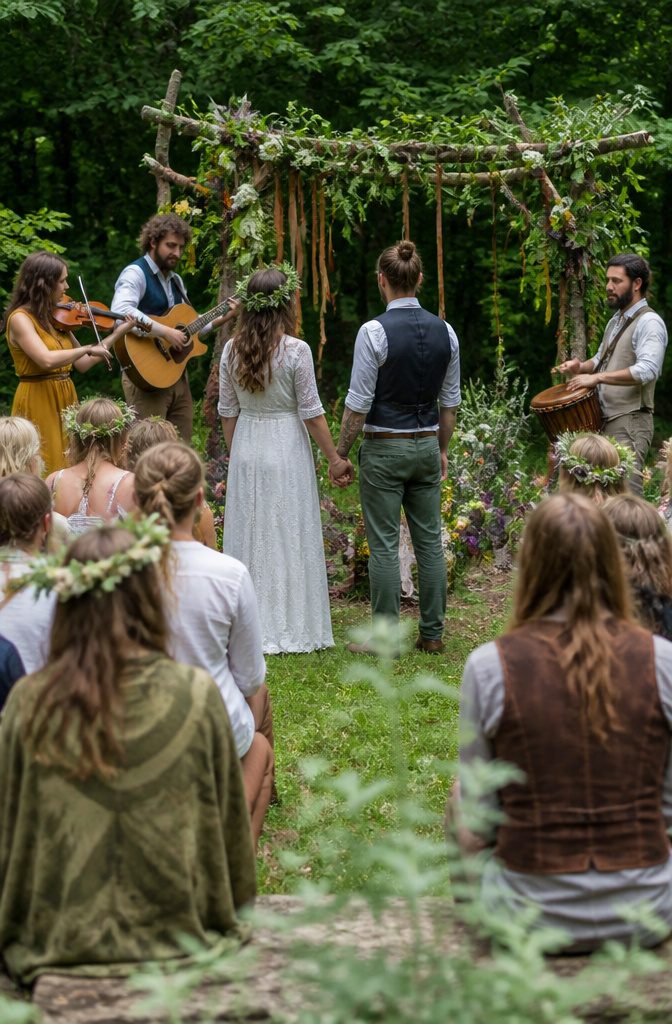Pagan Wedding Traditions: Handfasting, Offerings and Ceremony Rituals 17 Musicians play traditional folk melodies near a couple during their wedding.