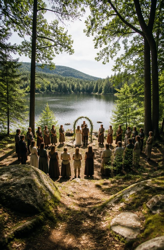 Pagan Wedding Traditions: Handfasting, Offerings and Ceremony Rituals 13 A couple stands outdoors, surrounded by nature for their wedding ceremony.