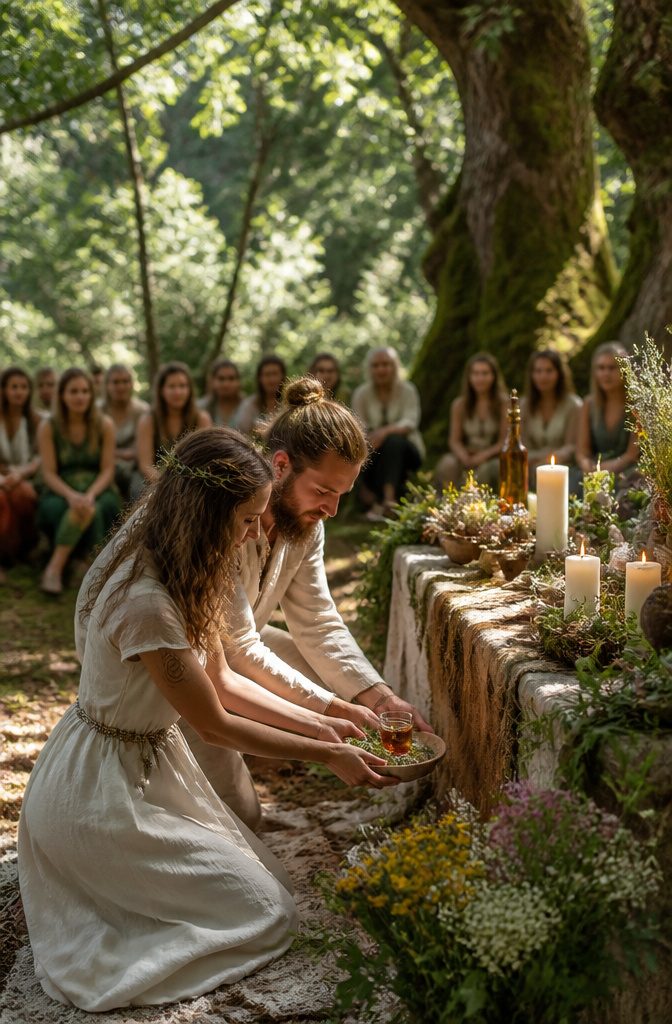 Pagan Wedding Traditions: Handfasting, Offerings and Ceremony Rituals 4 A couple kneels beside an altar with candles and a dish of honey wine.