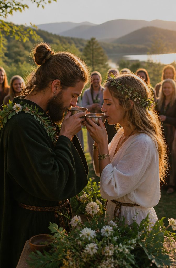 Pagan Wedding Traditions: Handfasting, Offerings and Ceremony Rituals 9 A couple holds a two-handled Quaich filled with mead during their ceremony.