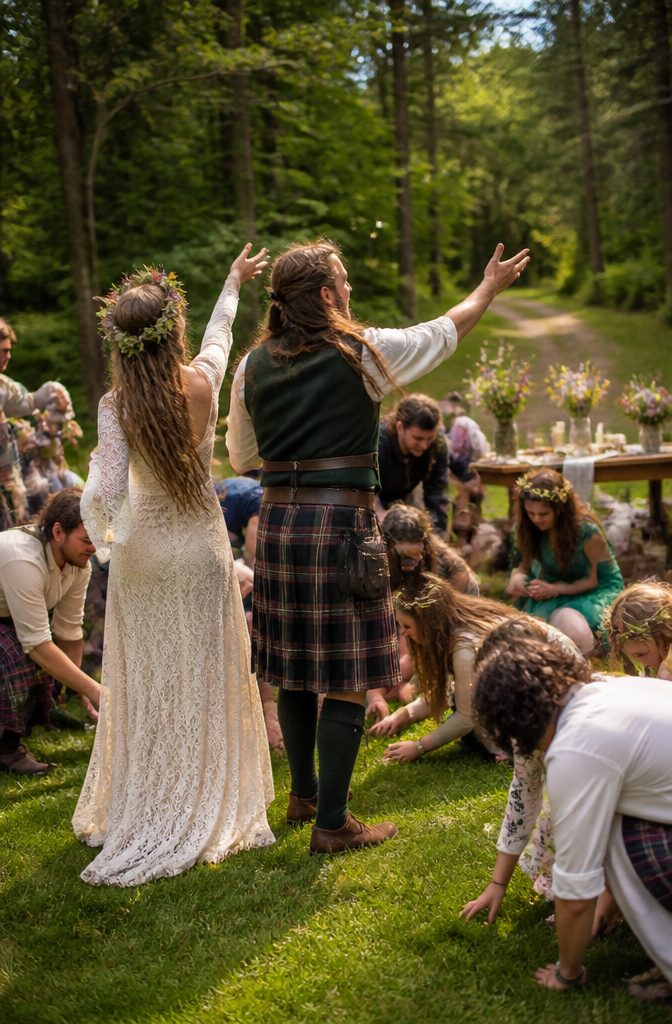 Pagan Wedding Traditions: Handfasting, Offerings and Ceremony Rituals 10 A couple throws coins to guests gathered on a sunlit lawn.