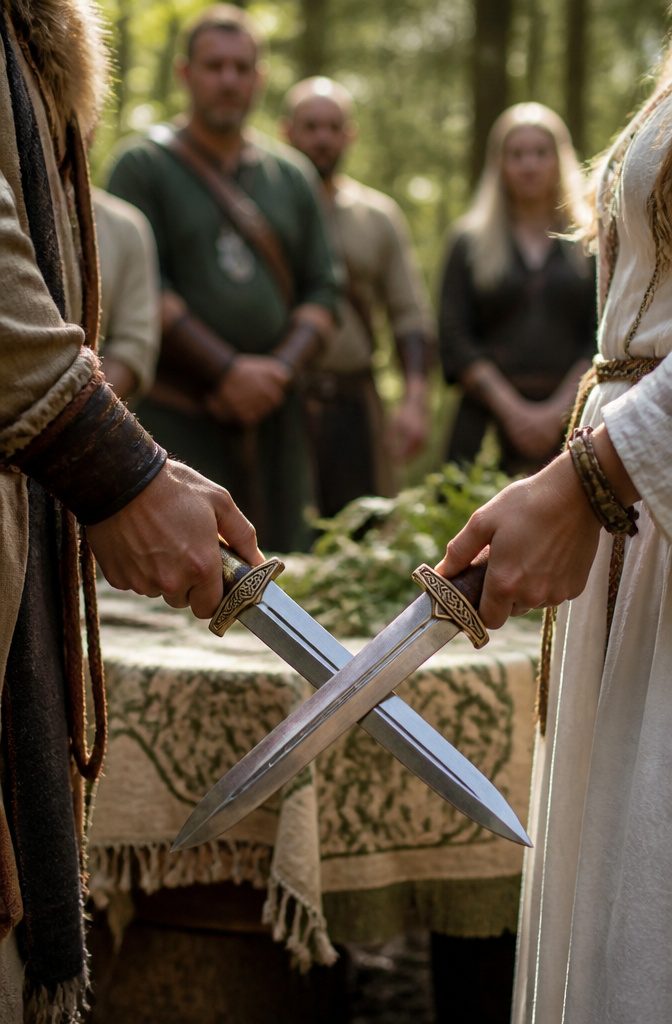 Pagan Wedding Traditions: Handfasting, Offerings and Ceremony Rituals 6 A couple presents swords to each other during their wedding ceremony.